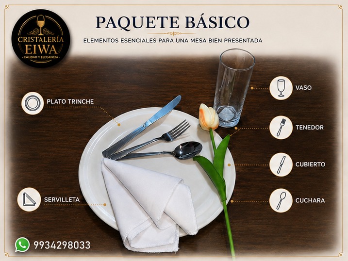 Paquete Básico: plato trinche, vaso, tenedor, cubierto, cuchara y servilleta de tela