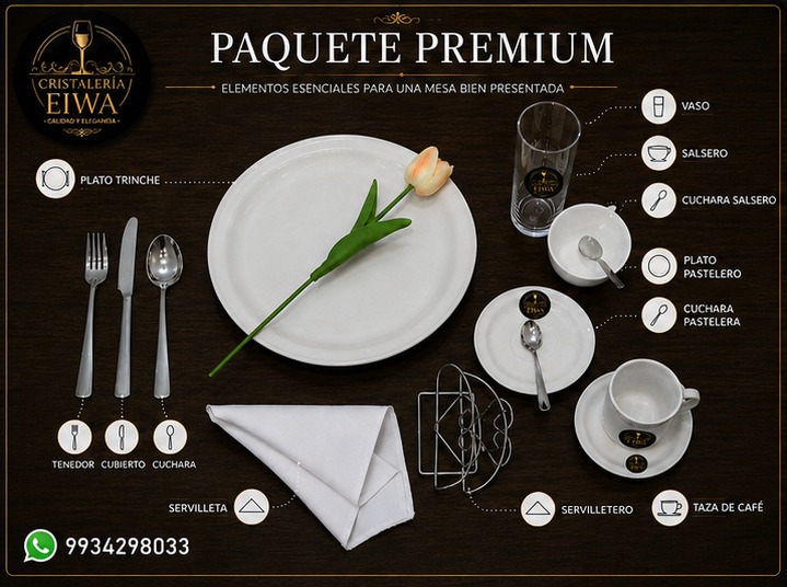 Paquete Premium: plato trinche, tenedor, cubierto, cuchara, servilleta, servilletero, vaso, salsero con cuchara salsera, plato y cuchara pastelera, y taza de café